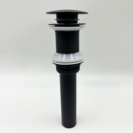Black popup drain assembly with ribbed plastic body and white gasket seals