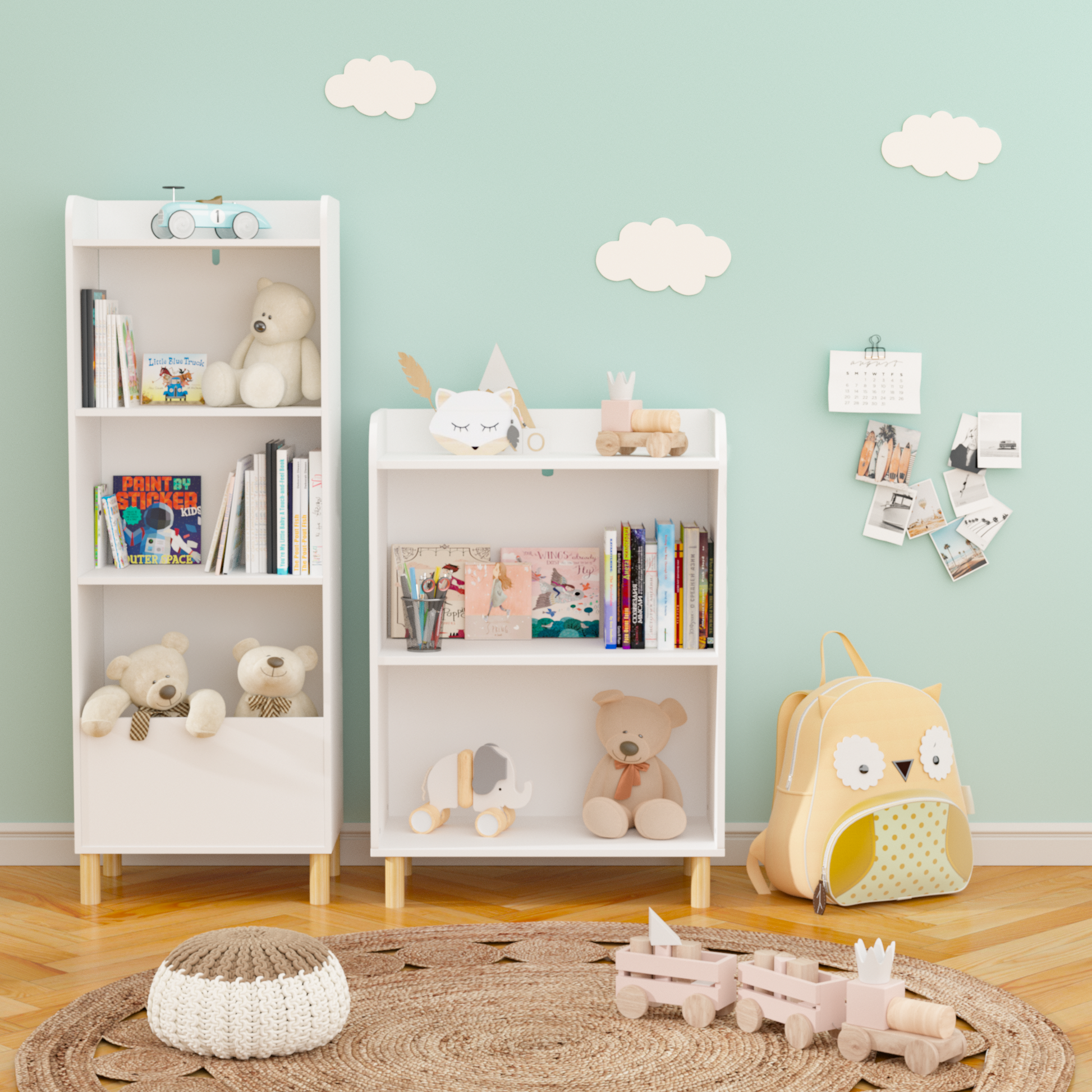 White wooden bookshelf filled with childrens books and plush teddy bears