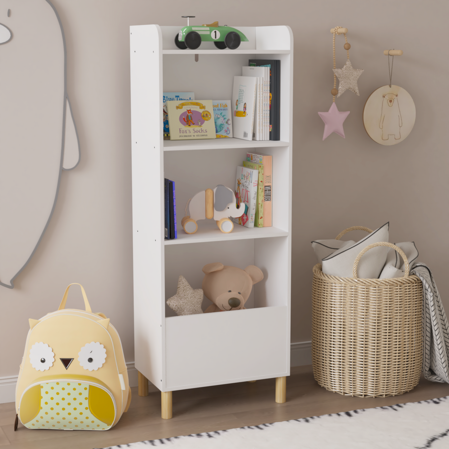 White modern kids bookshelf with toy elephant and books on shelves
