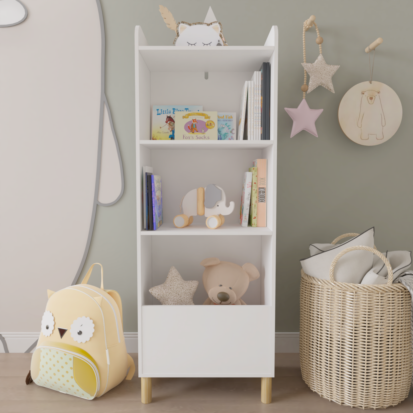 Yellow owl backpack with polka dot pocket and plush detailing