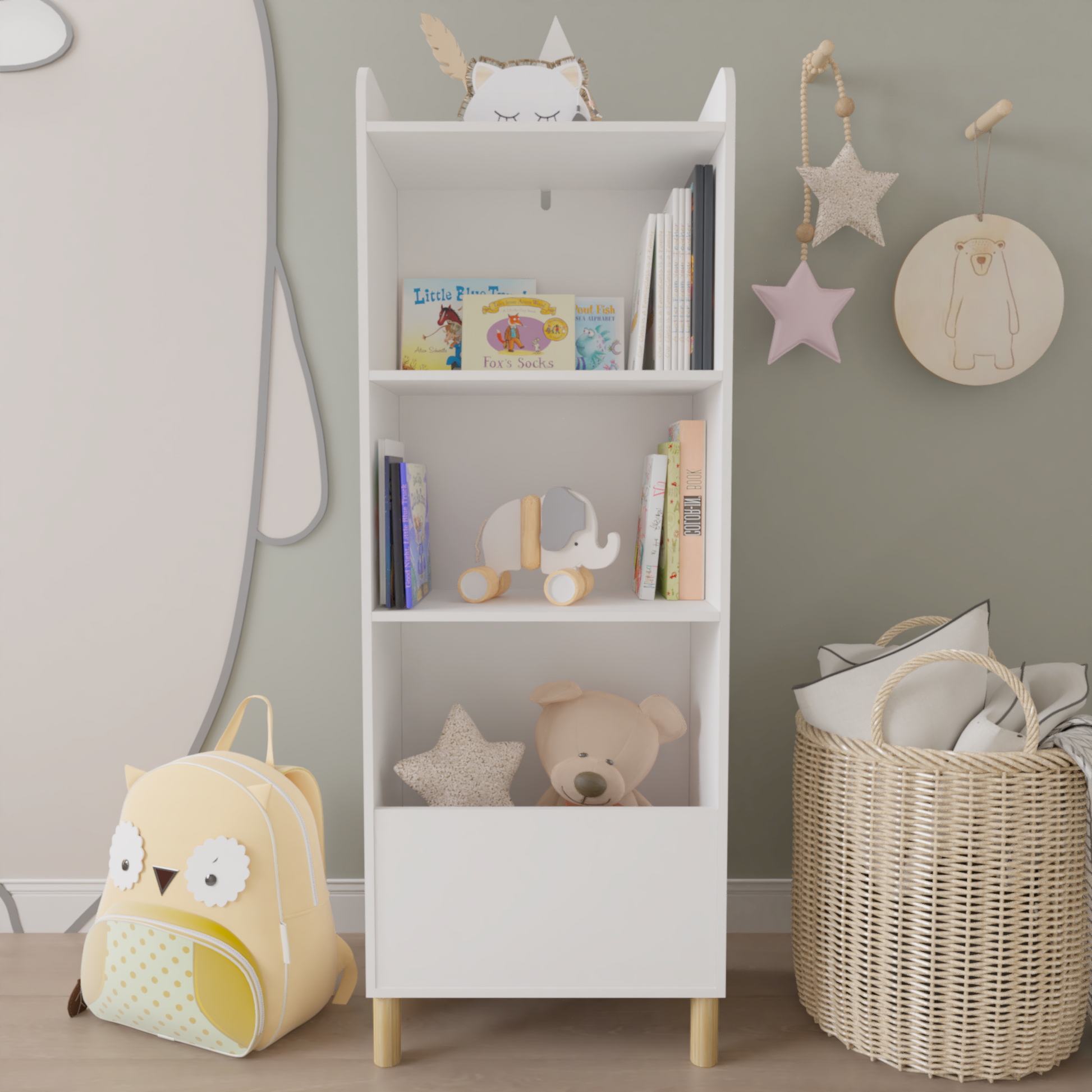 Yellow owl backpack with polka dot pocket and plush detailing