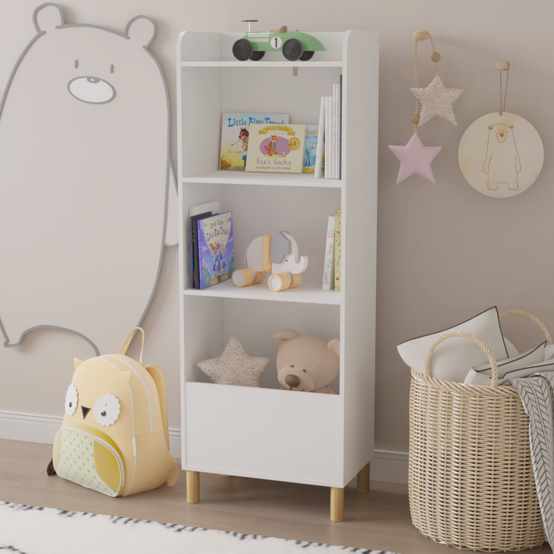 White wooden kids bookshelf with green toy car on top shelf