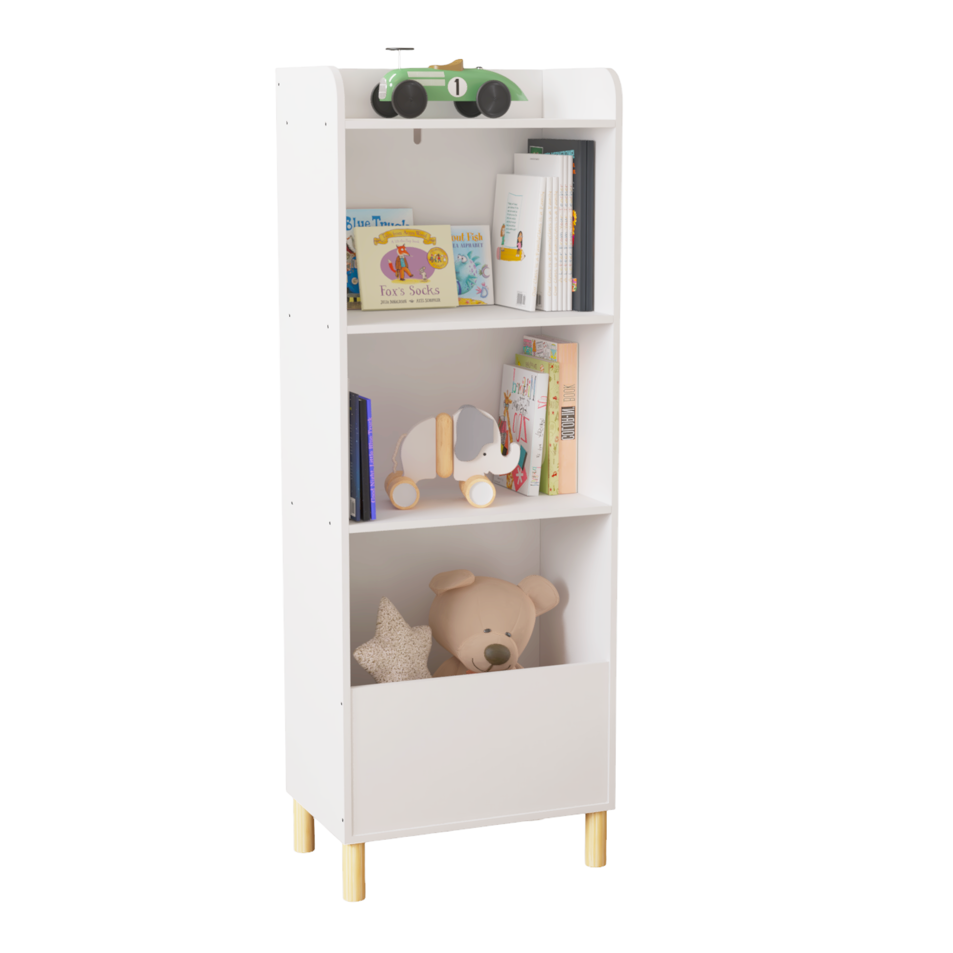 White wooden kids bookshelf with wooden legs featuring toys and books