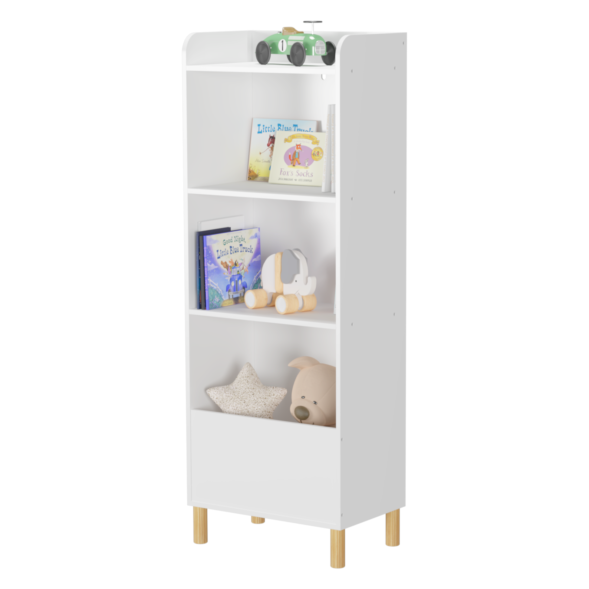 White modern childrens bookcase with rounded edges and wooden legs featuring toys and books