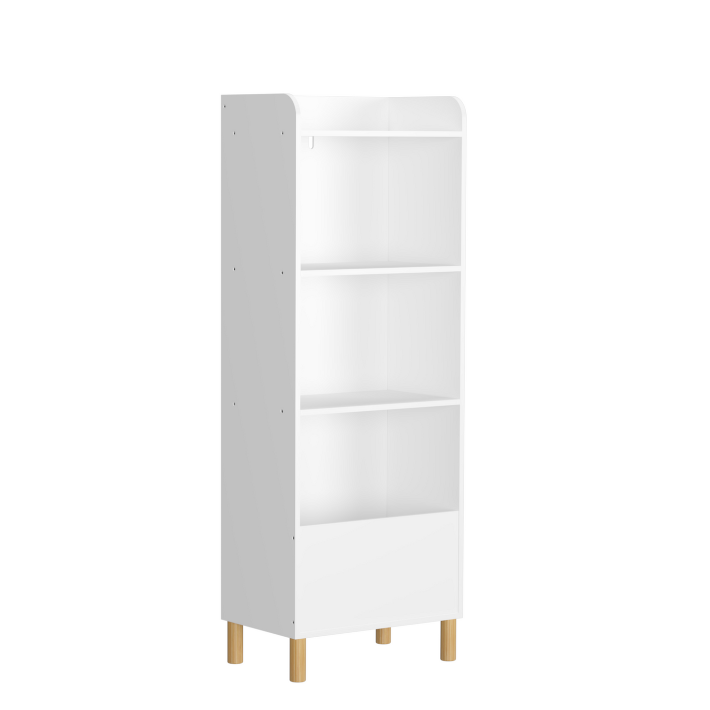 White fourshelf minimalist bookcase with wooden legs ideal for modern homes