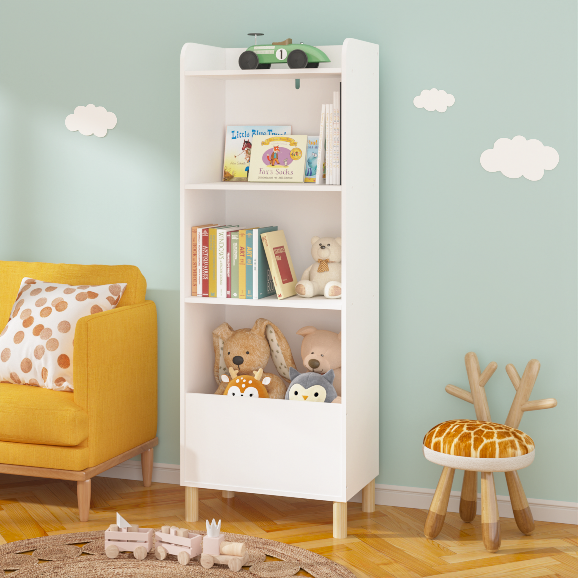 White childrens bookshelf with books plush toys and decorative car