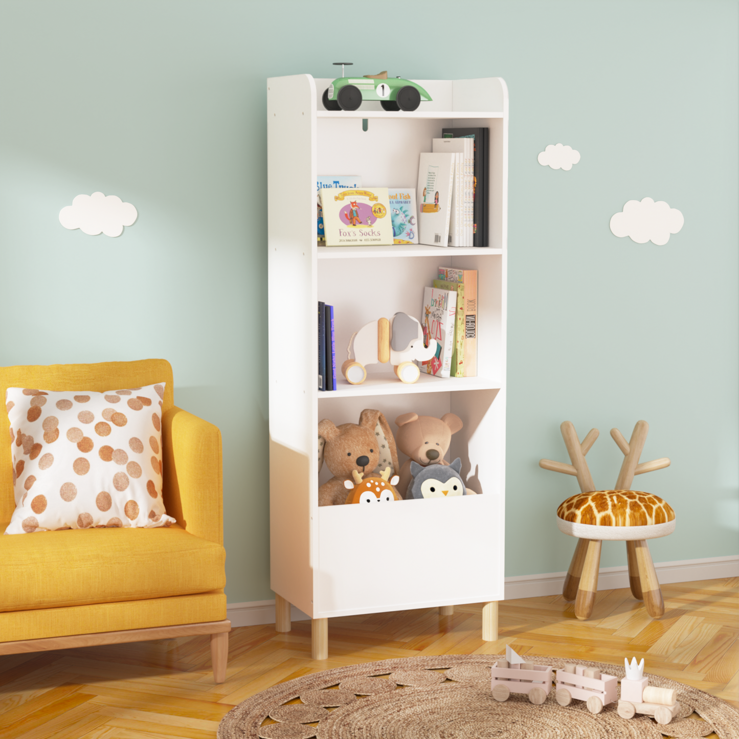 White tall bookshelf with childrens books and stuffed animals