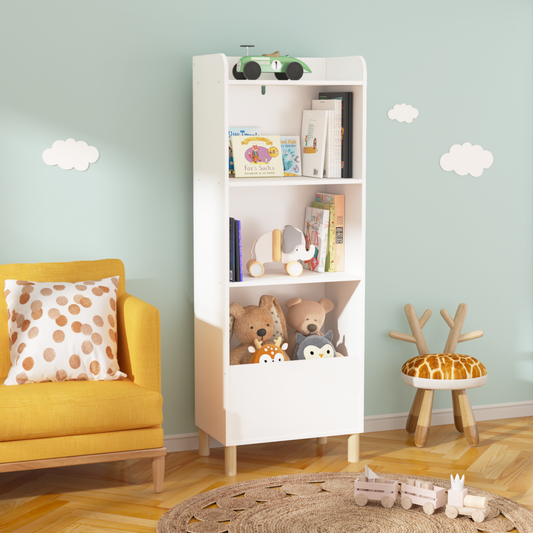 White tall bookshelf with childrens books and stuffed animals