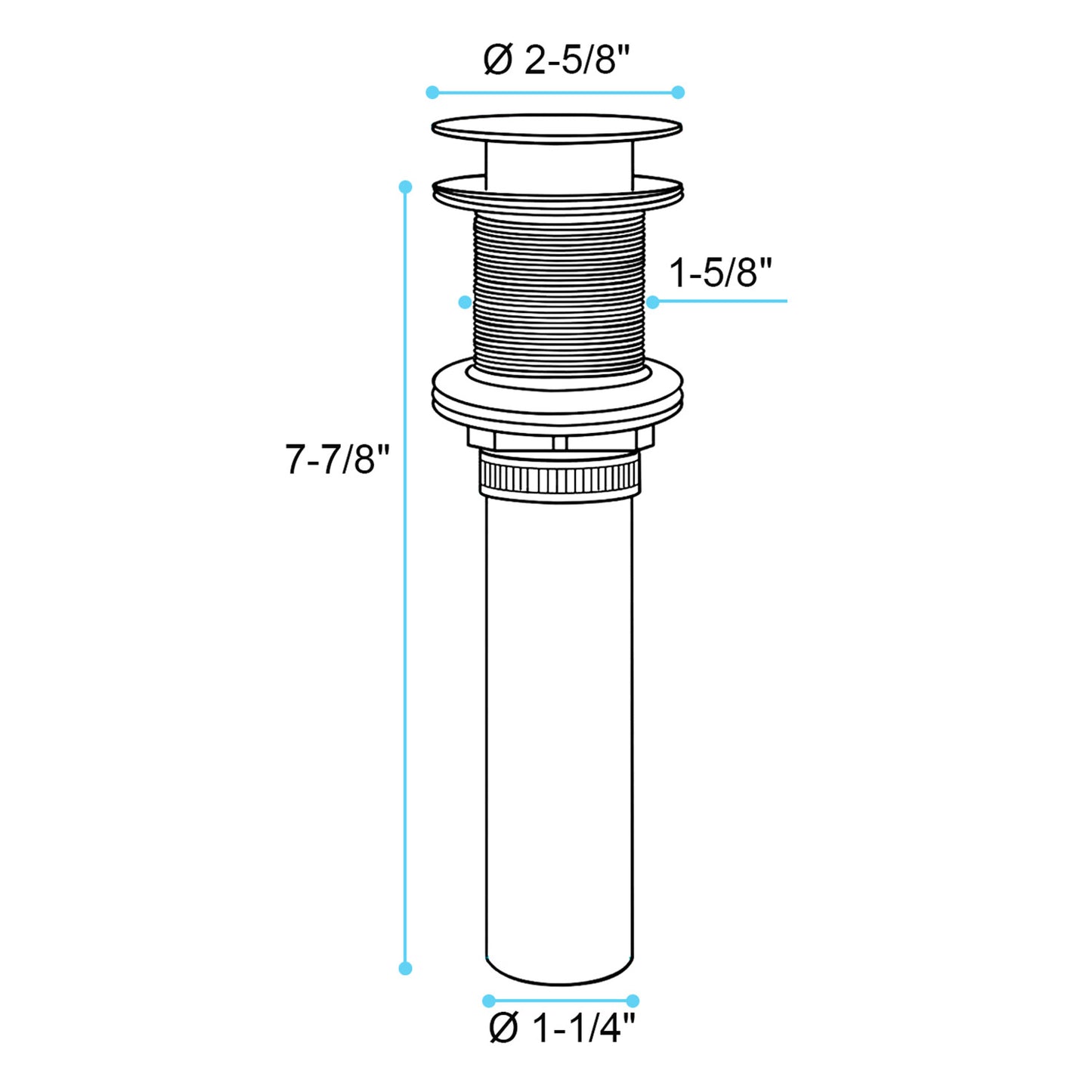 Diagram of a  inch tall brass popup drain assembly with a  inch top diameter