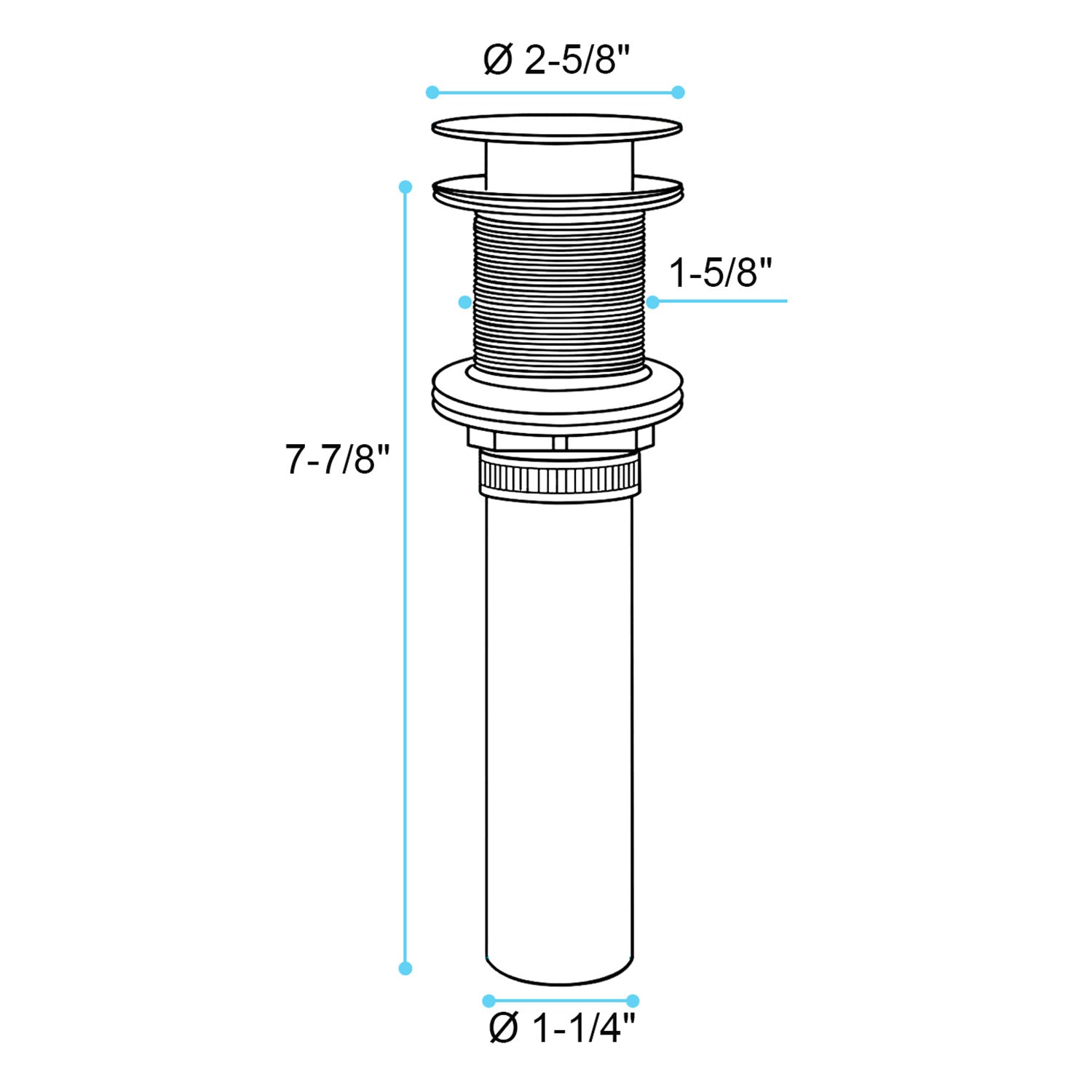 Diagram of a  inch tall brass popup drain assembly with a  inch top diameter