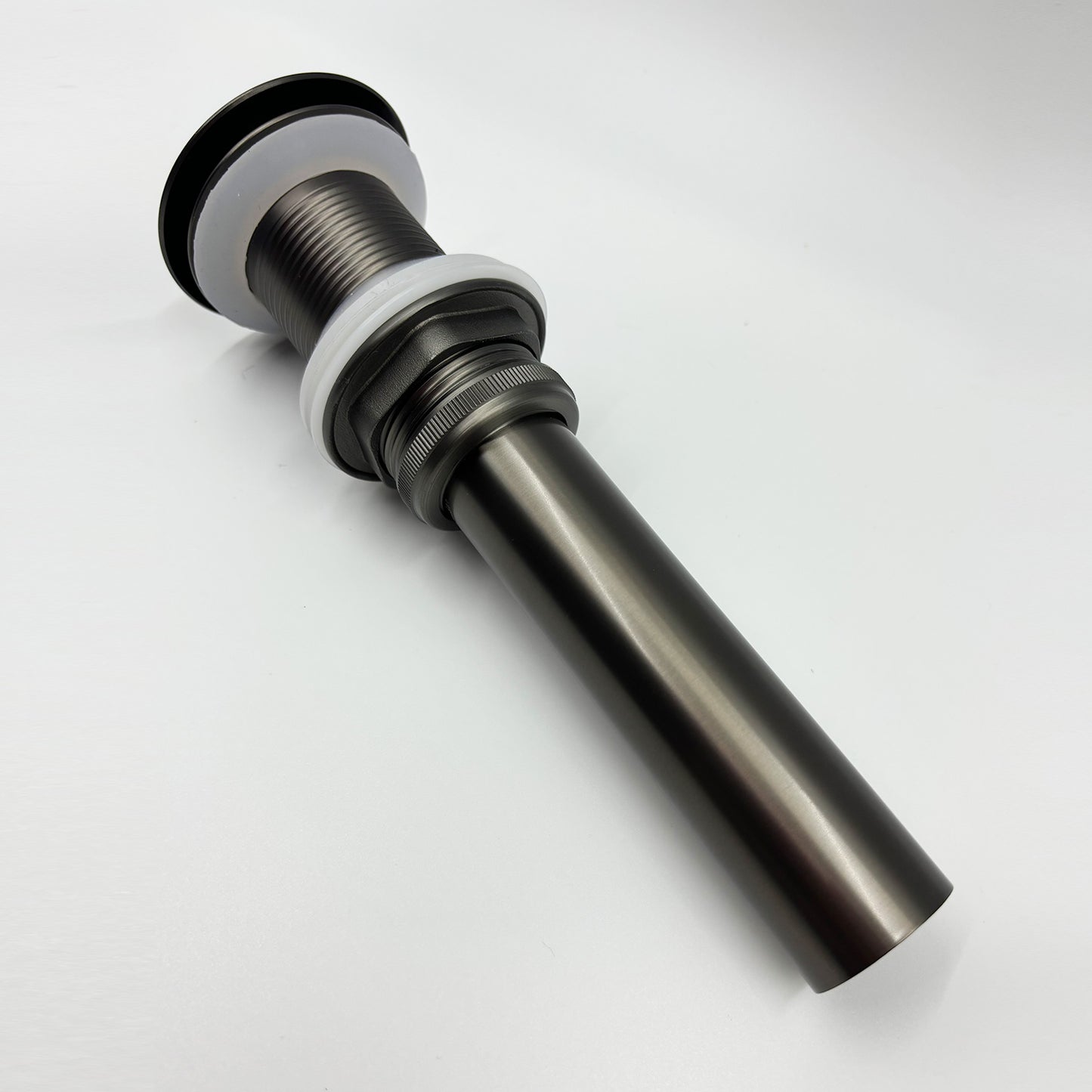 Black metal vessel sink drain assembly with brass threads ideal for bathrooms