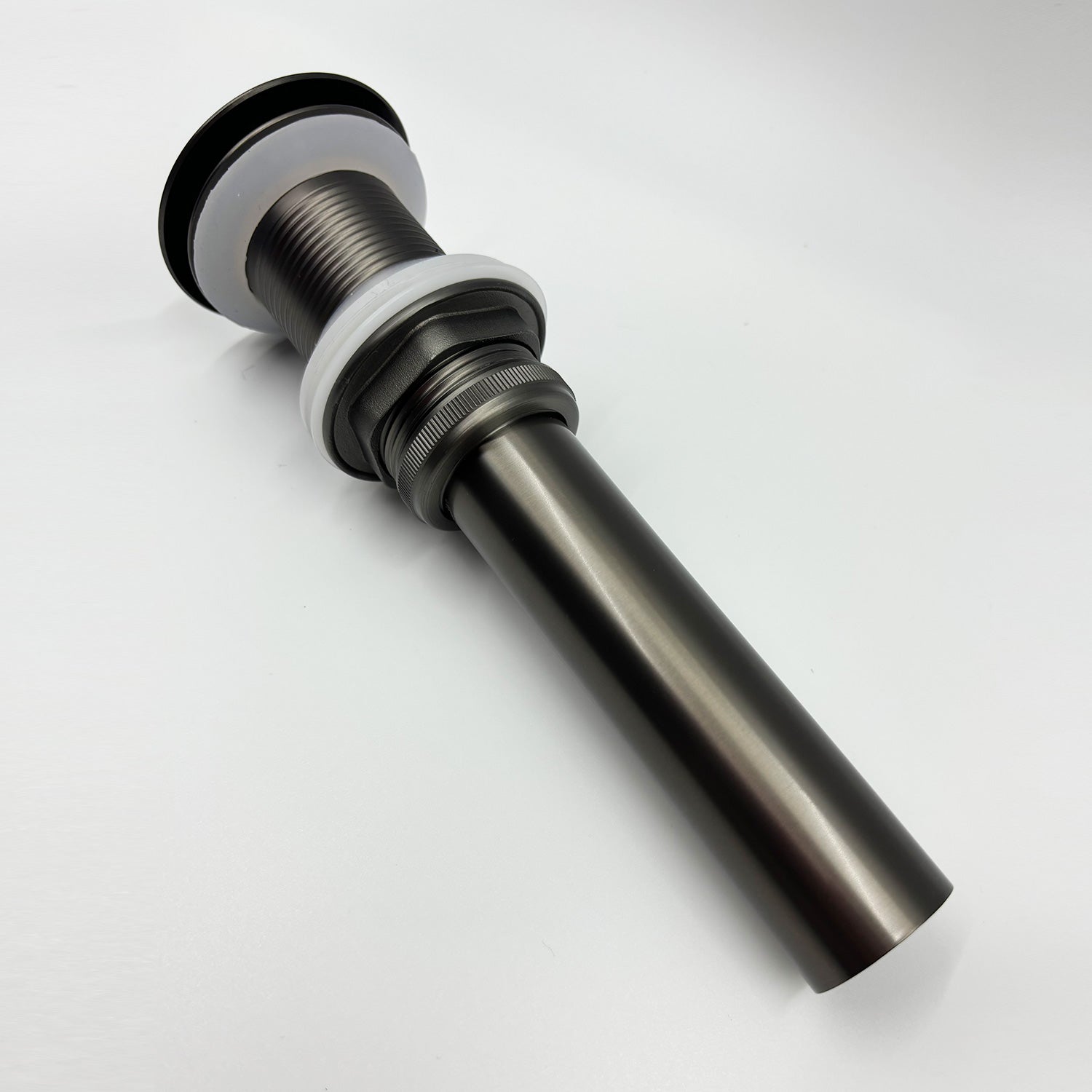 Black metal vessel sink drain assembly with brass threads ideal for bathrooms