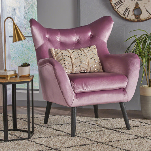 Plush velvet accent chair in dusty rose with tufted back and goldtoned legs