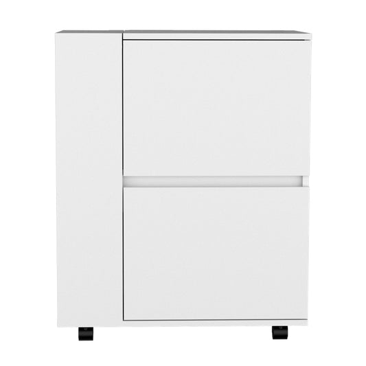 White twodrawer filing cabinet with sleek modern design and metal casters