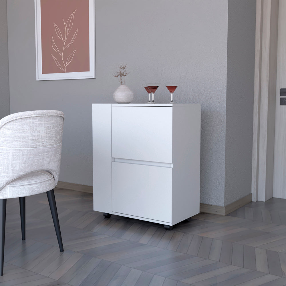 White modern cabinet with two drawers and caster wheels for easy movement