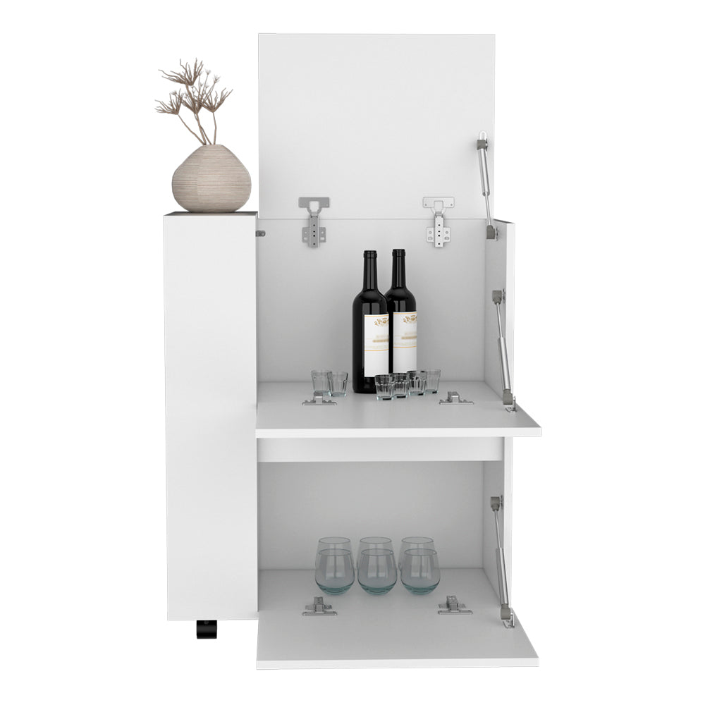 Modern white bar cabinet with two shelves displaying wine bottles and glasses