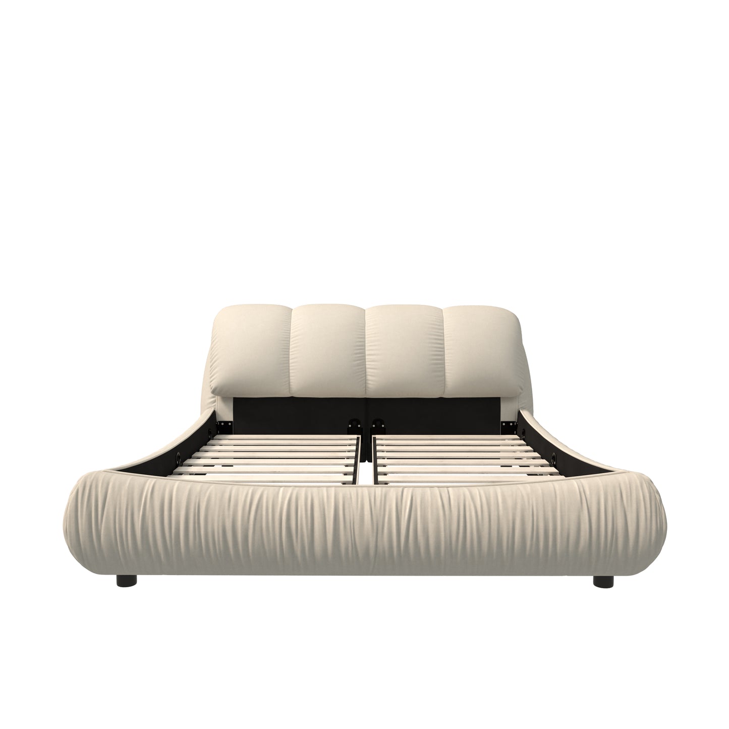 Cream tufted upholstered platform bed frame with slatted base