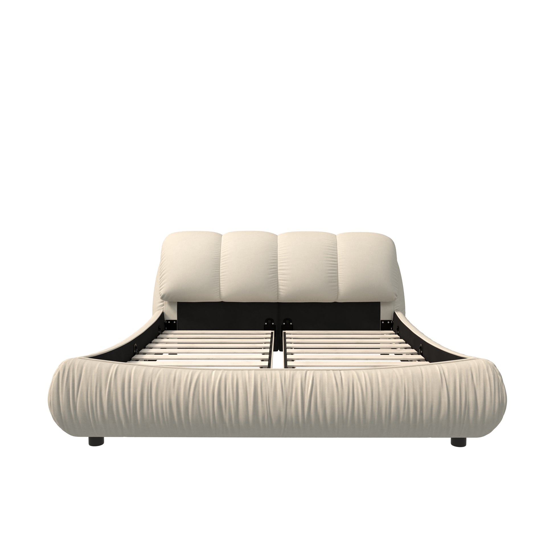 Cream tufted upholstered platform bed frame with slatted base