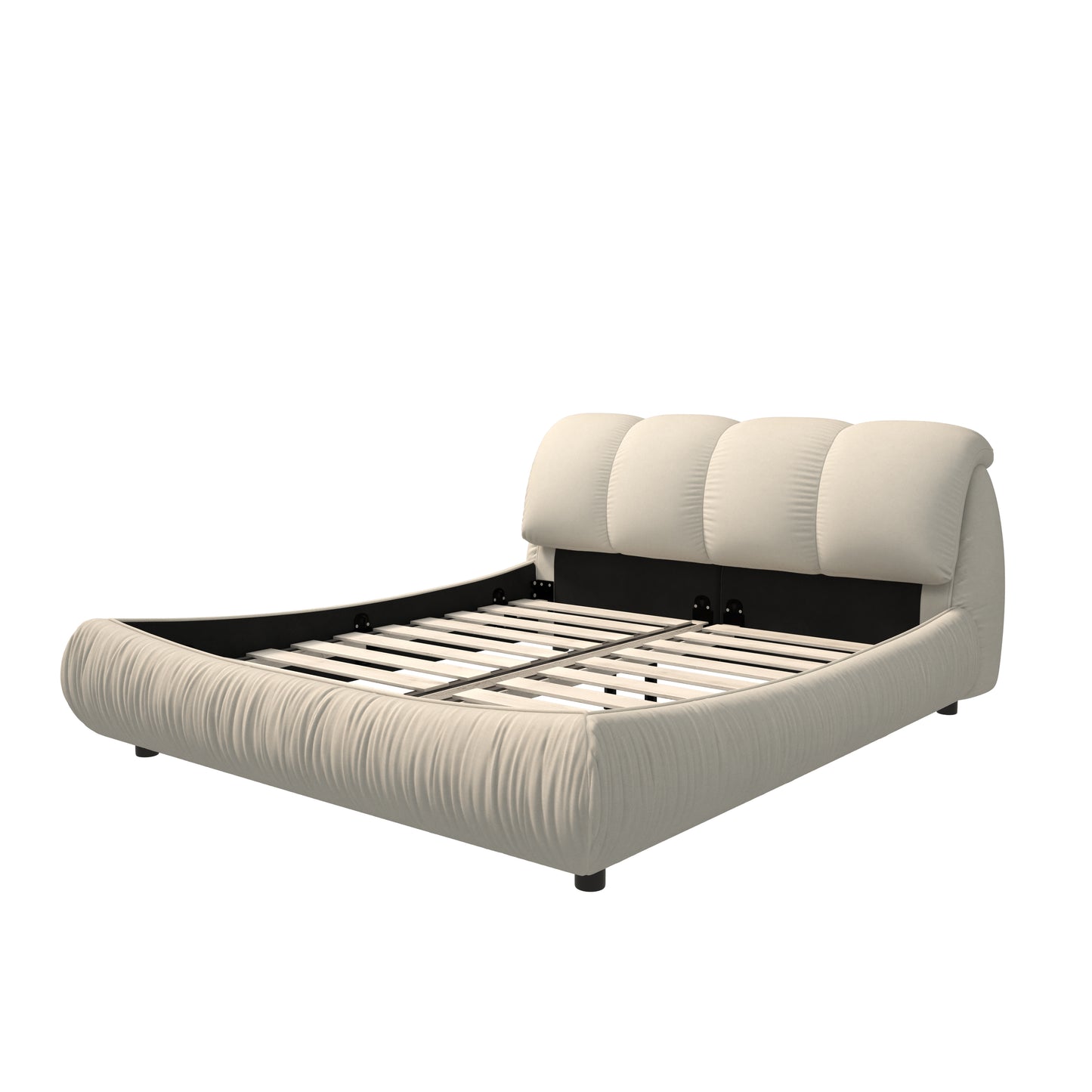Upholstered cream fabric bed frame with tufted headboard and slatted base