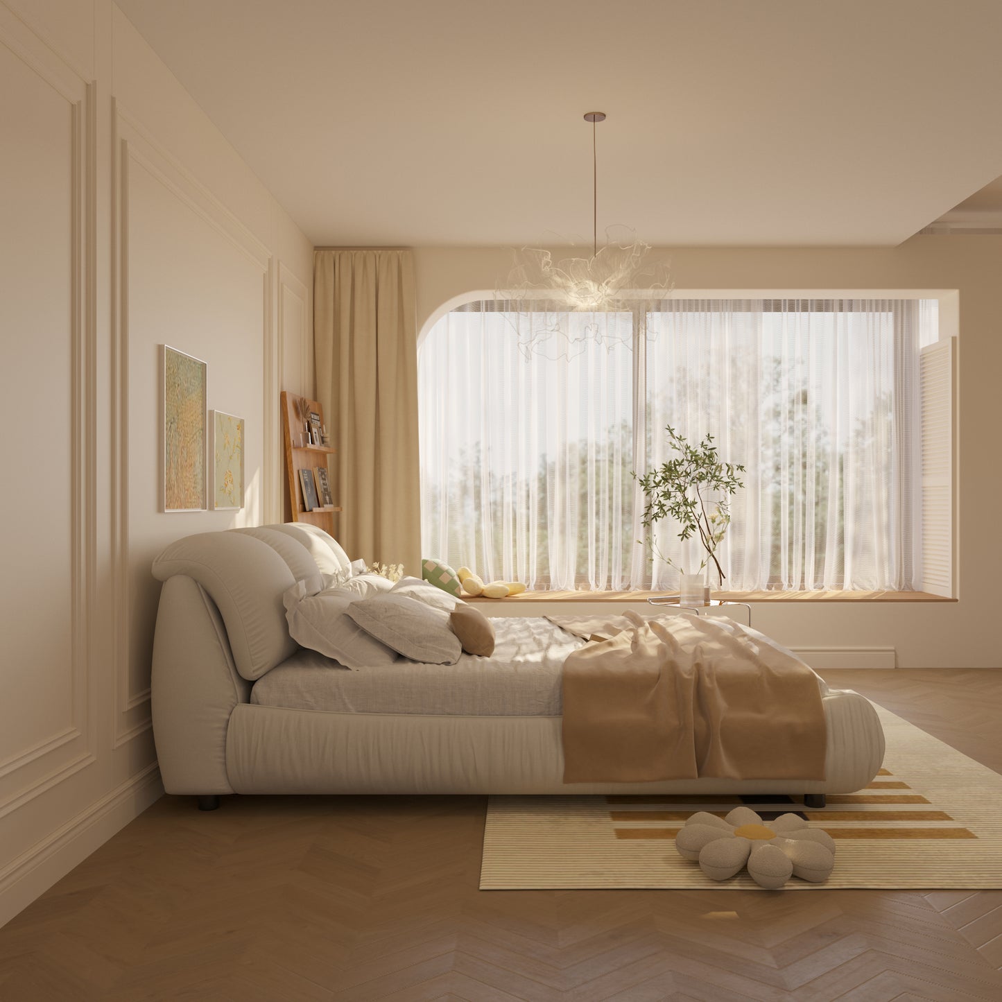 Plush white boucle bed frame with curved headboard and neutral linens