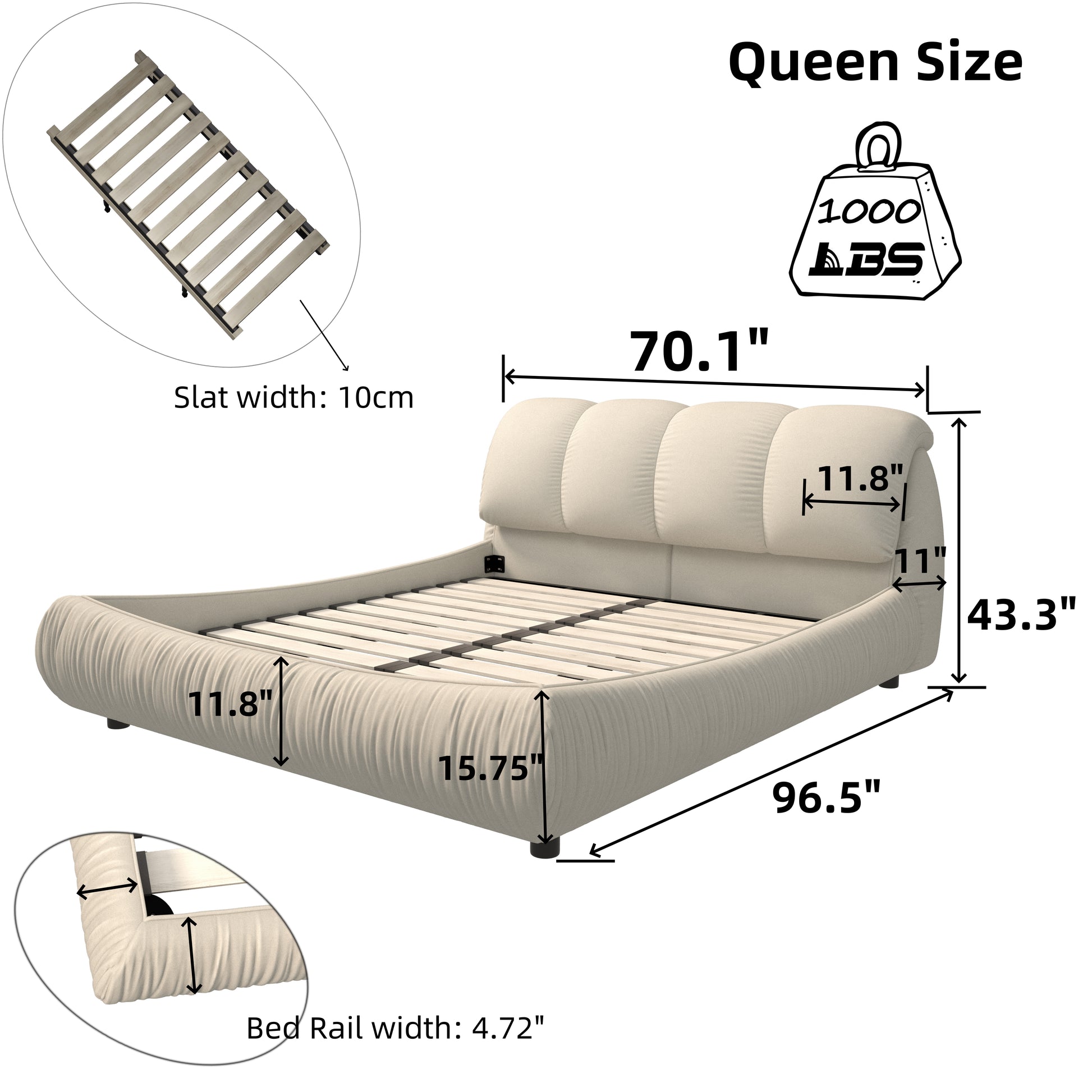 Queen size beige upholstered bed frame with pleated headboard and  lb capacity