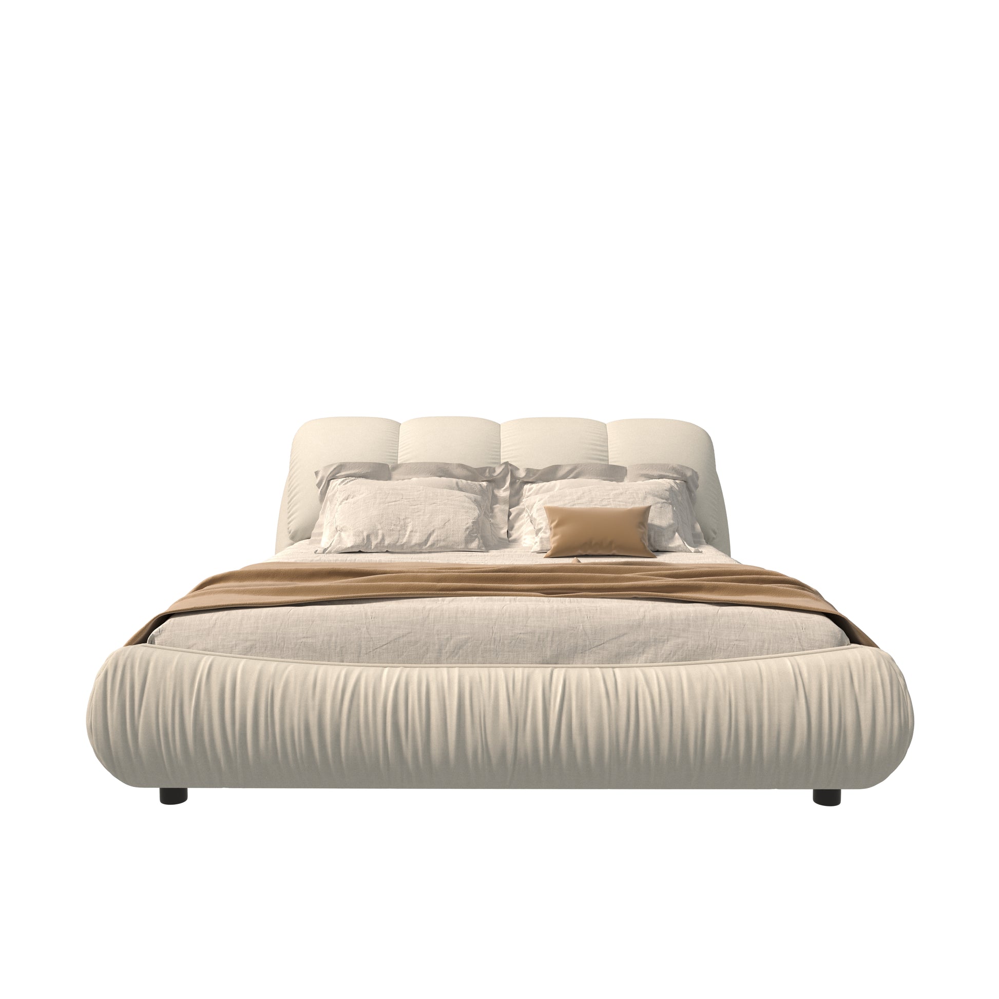 Upholstered cream bed with plush headboard and tan throw blanket