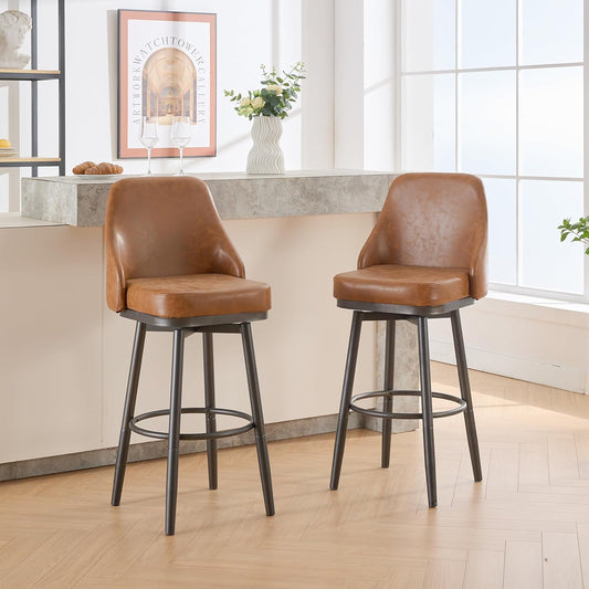Two brown faux leather bar stools with black metal legs and footrests