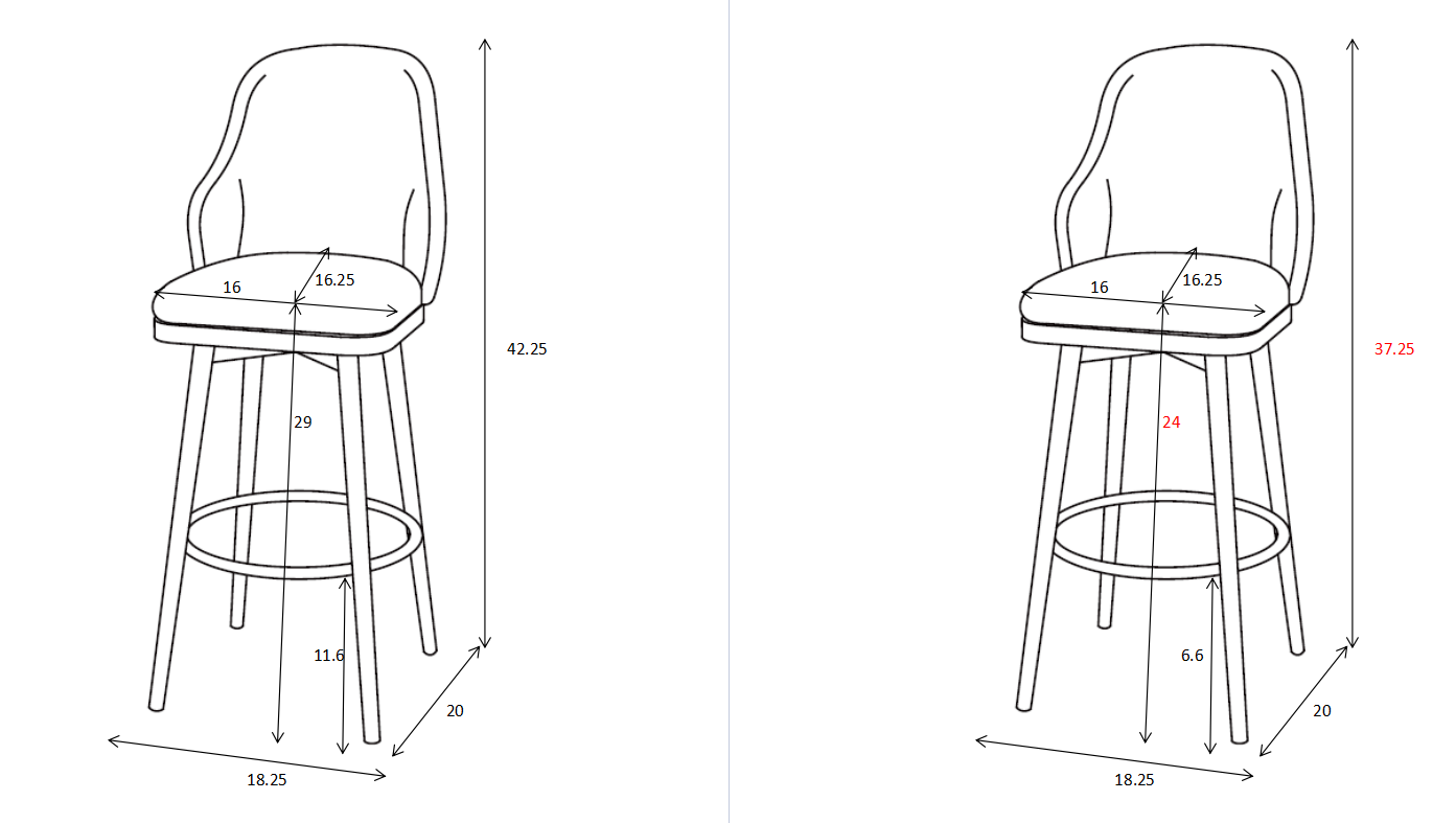 Line drawing of a modern swivel bar stool with upholstered seat and back