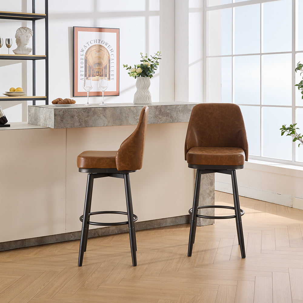 Brown leather swivel bar stool with black metal legs