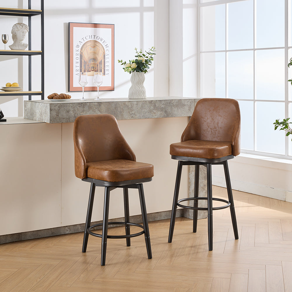 Brown faux leather swivel bar stool with black metal legs