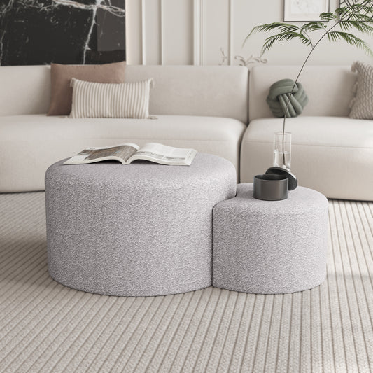 Textured grey fabric ottoman set with rounded edges perfect for modern living rooms
