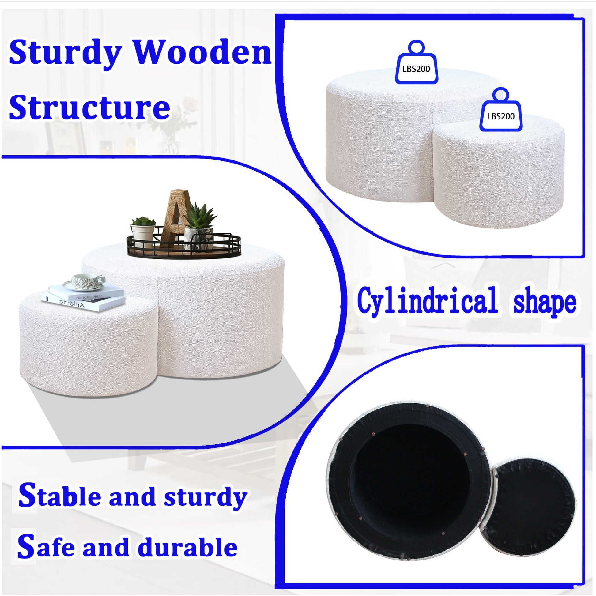Two white textured cylindrical ottomans of varying sizes one small one large