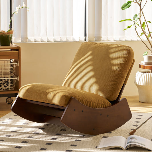 Mustard yellow corduroy rocking chair with dark wood base midcentury modern style