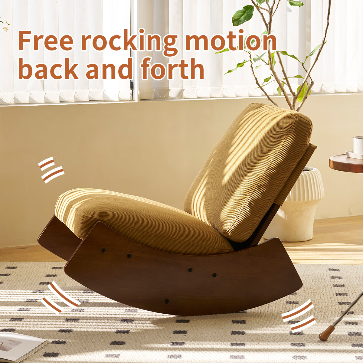 Corduroy upholstered modern rocking chair in a warm brown hue featuring a sleek wooden base