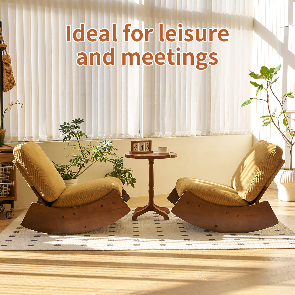Modern rocking chair with wooden frame and mustard yellow corduroy upholstery set of two