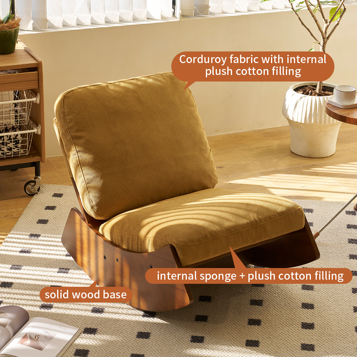 Mustard corduroy rocking chair with solid wood base and plush filling