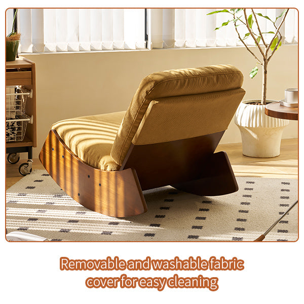 Modern rocking chair with wooden frame and mustard corduroy cushion