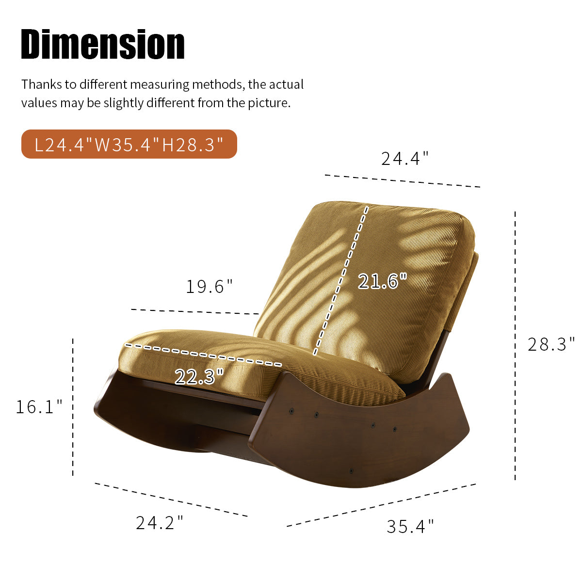Corduroy accent chair with wooden rocking base mustard yellow fabric and dimensions
