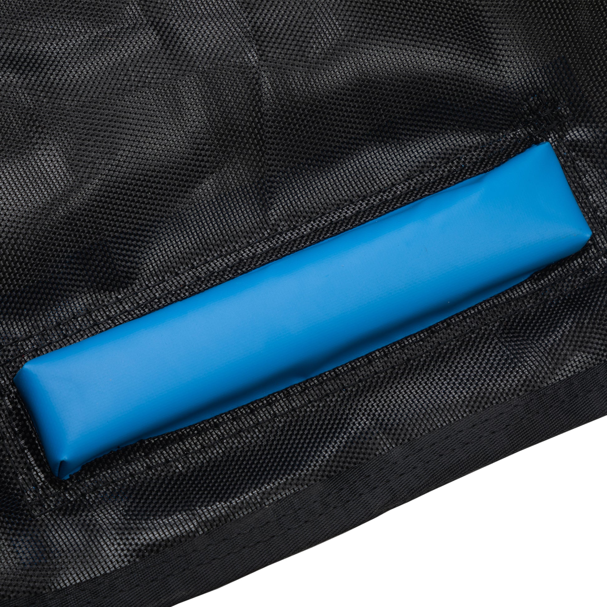 Closeup of a black woven fabric with a bright blue padded handle for a sports bag