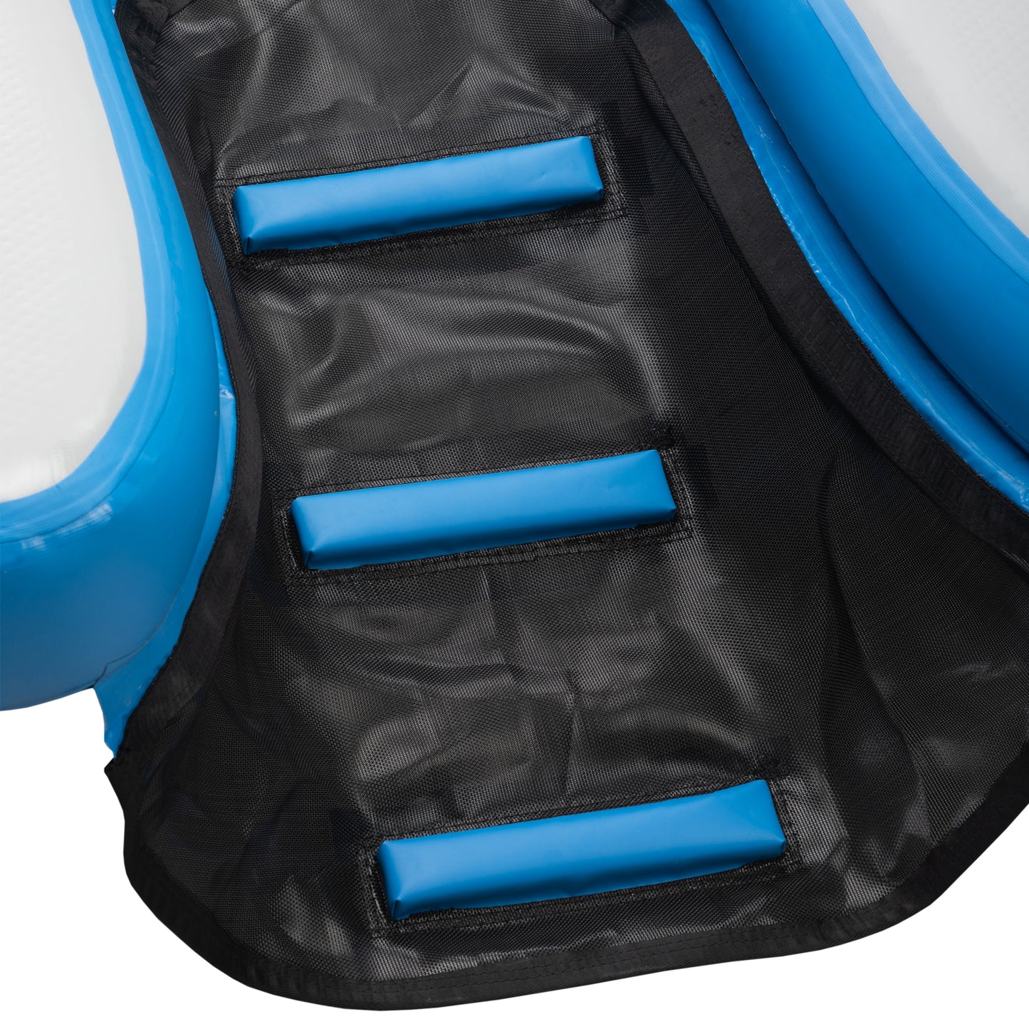 Closeup of black mesh ladder with blue padded steps on a blue inflatable structure