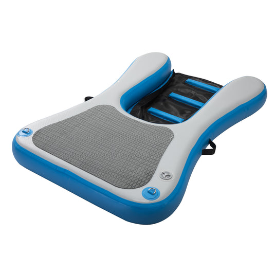 Blue and white inflatable floating lounge chair with textured gray seat