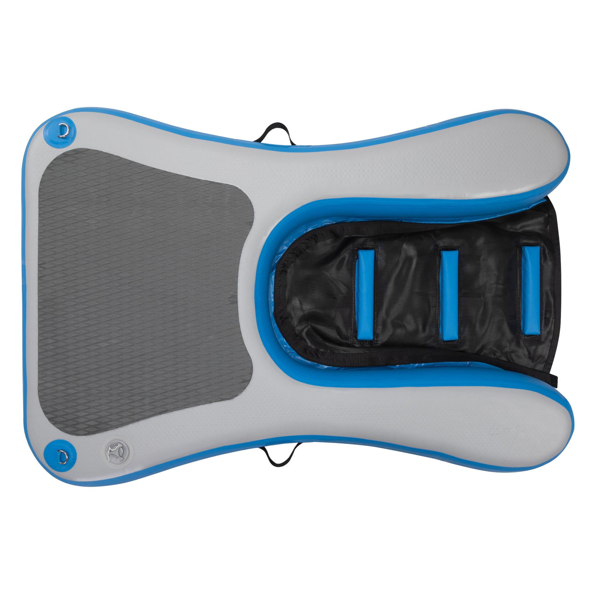 Inflatable stand up paddleboard in white and blue with grey textured deck pad and black seat