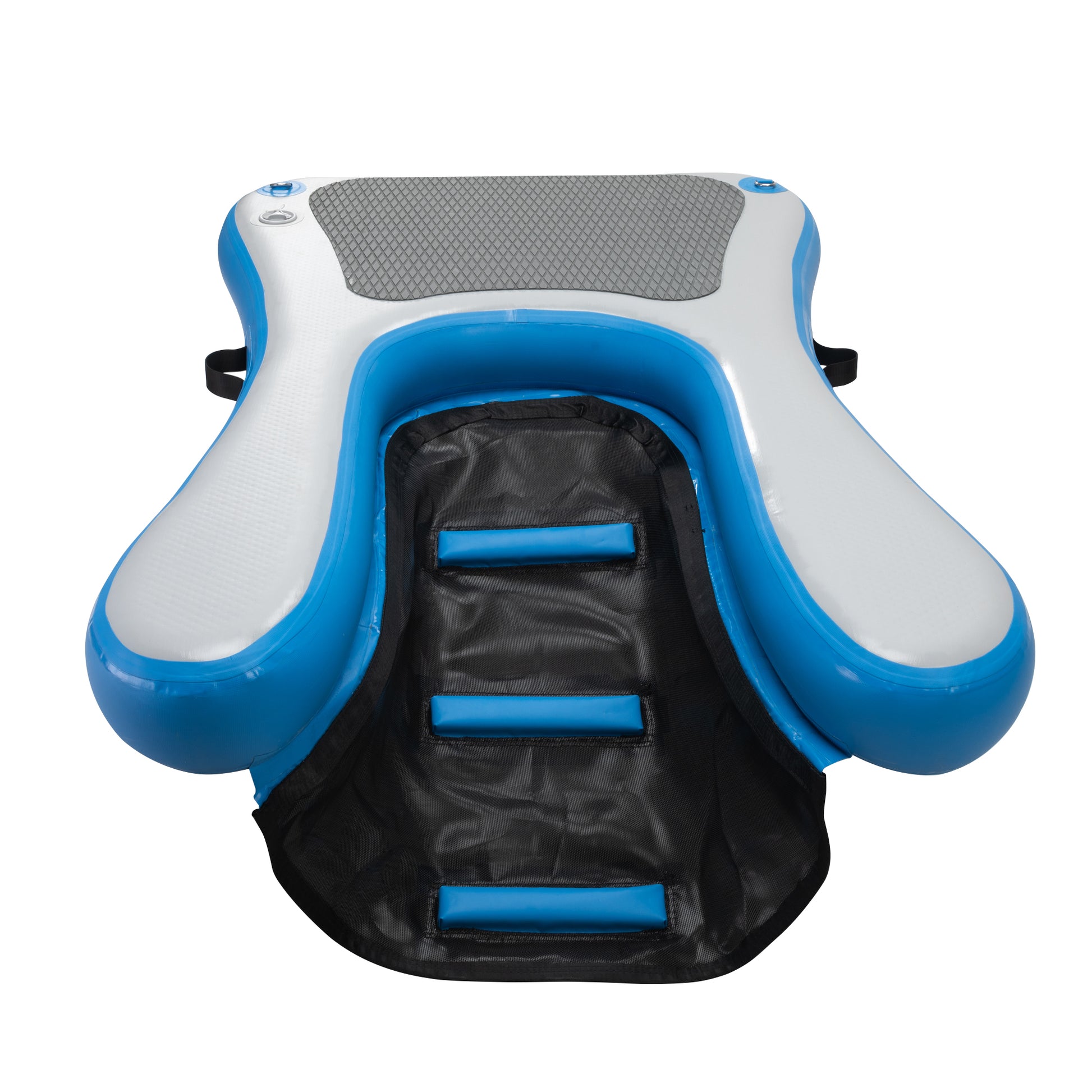 Blue and silver inflatable floating lounger with a mesh seat