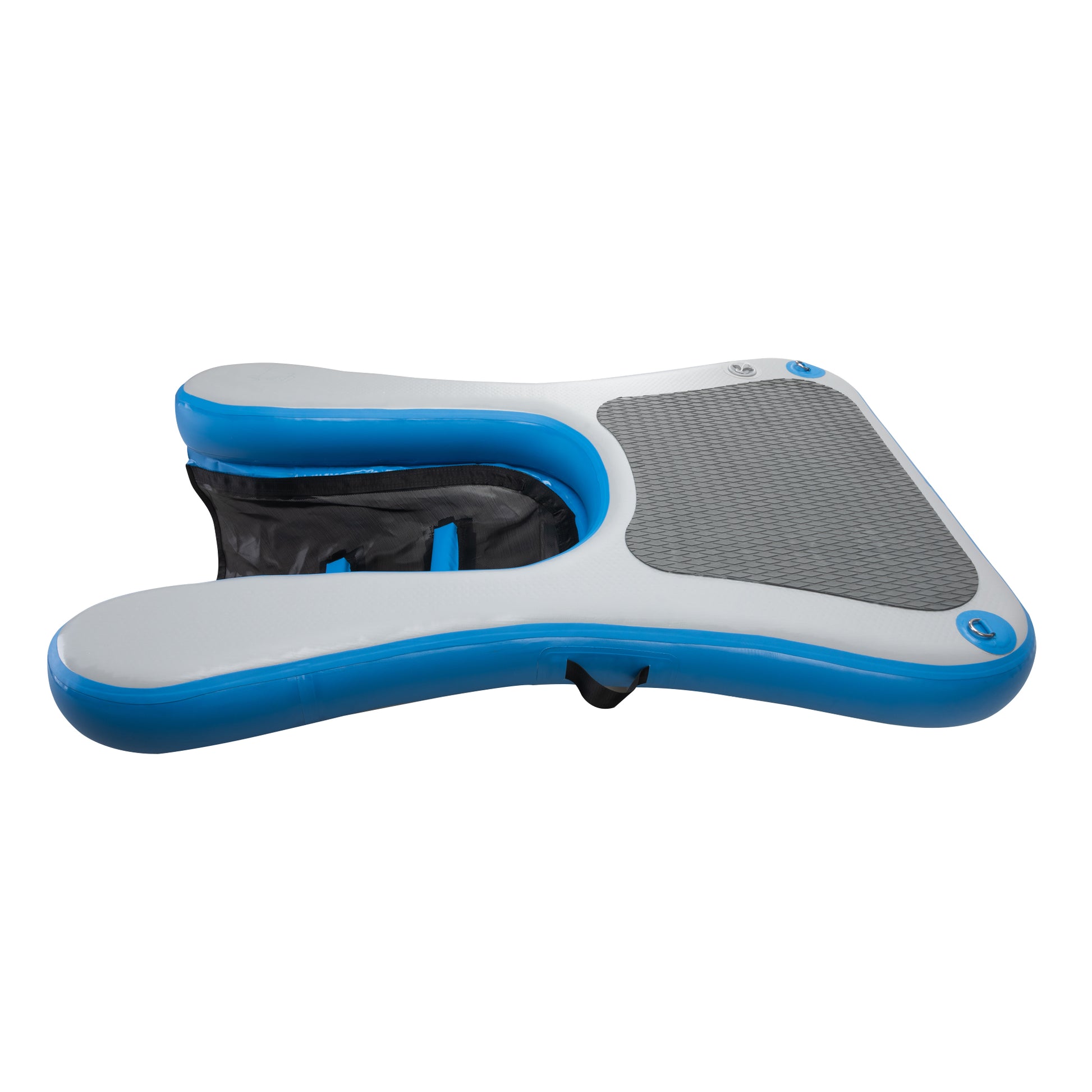 Inflatable dock with blue and gray accents featuring a mesh storage compartment for water activities