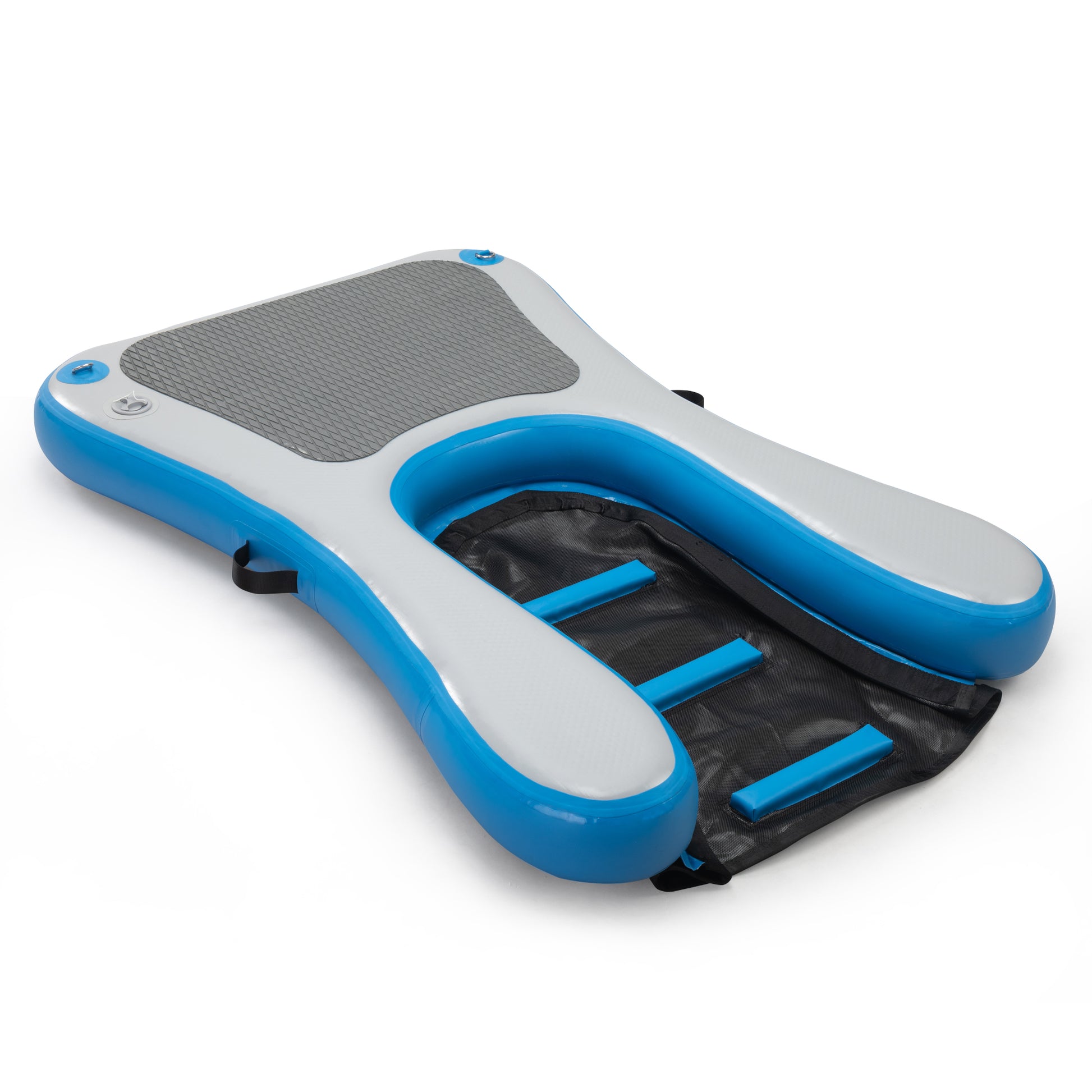 Inflatable water platform with blue and white sections for water recreation