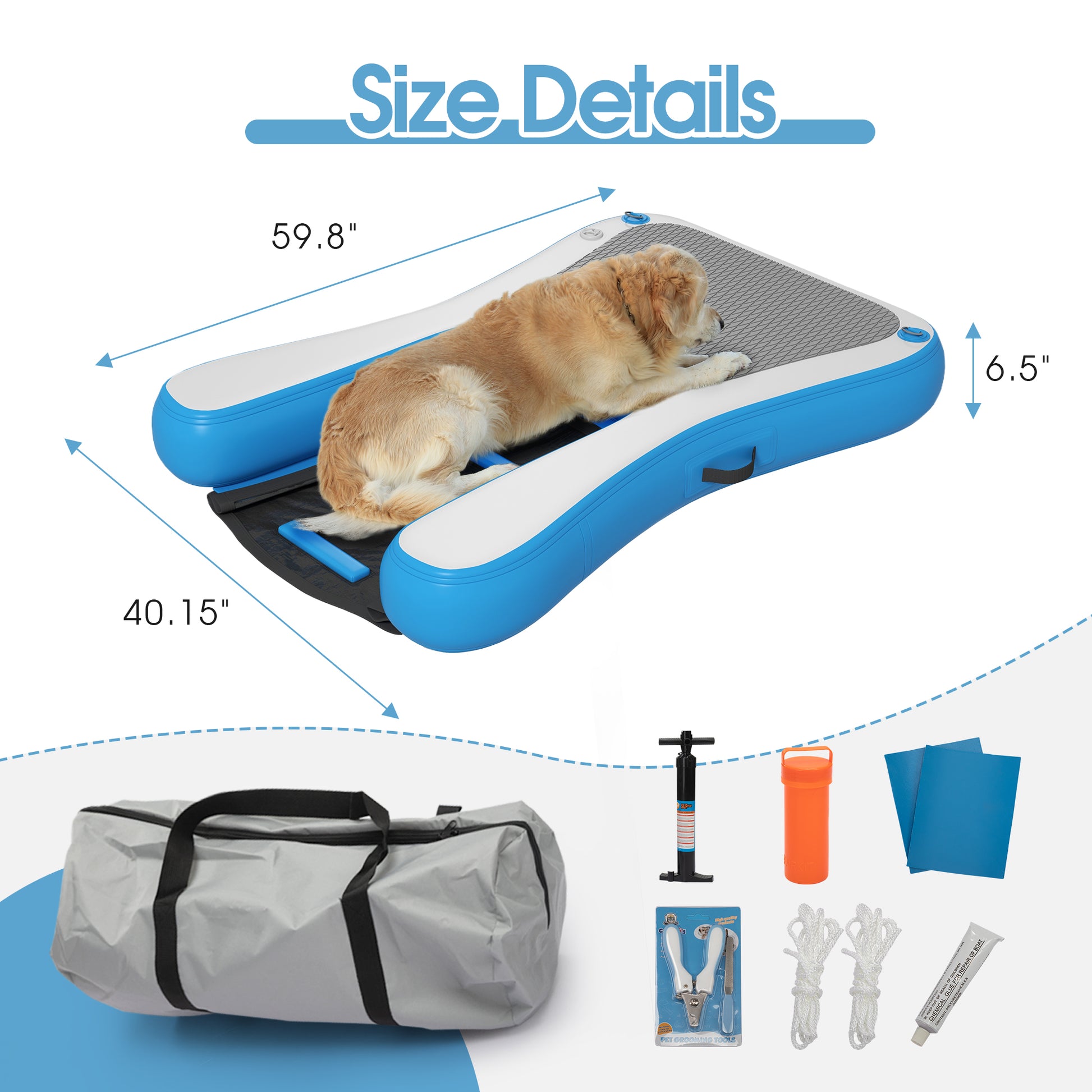 Inflatable floating pet dock with a golden retriever dimensions shown