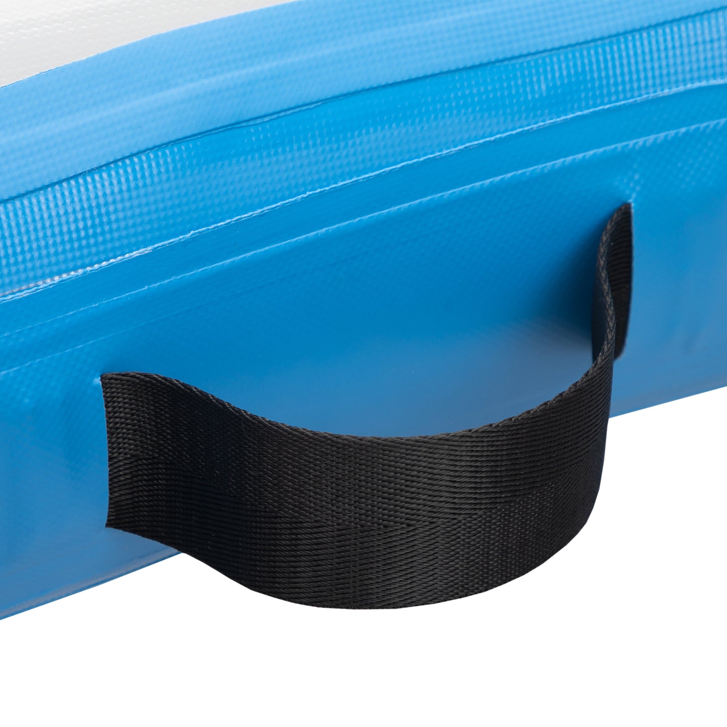Blue inflatable gym mat with durable black handle for portability