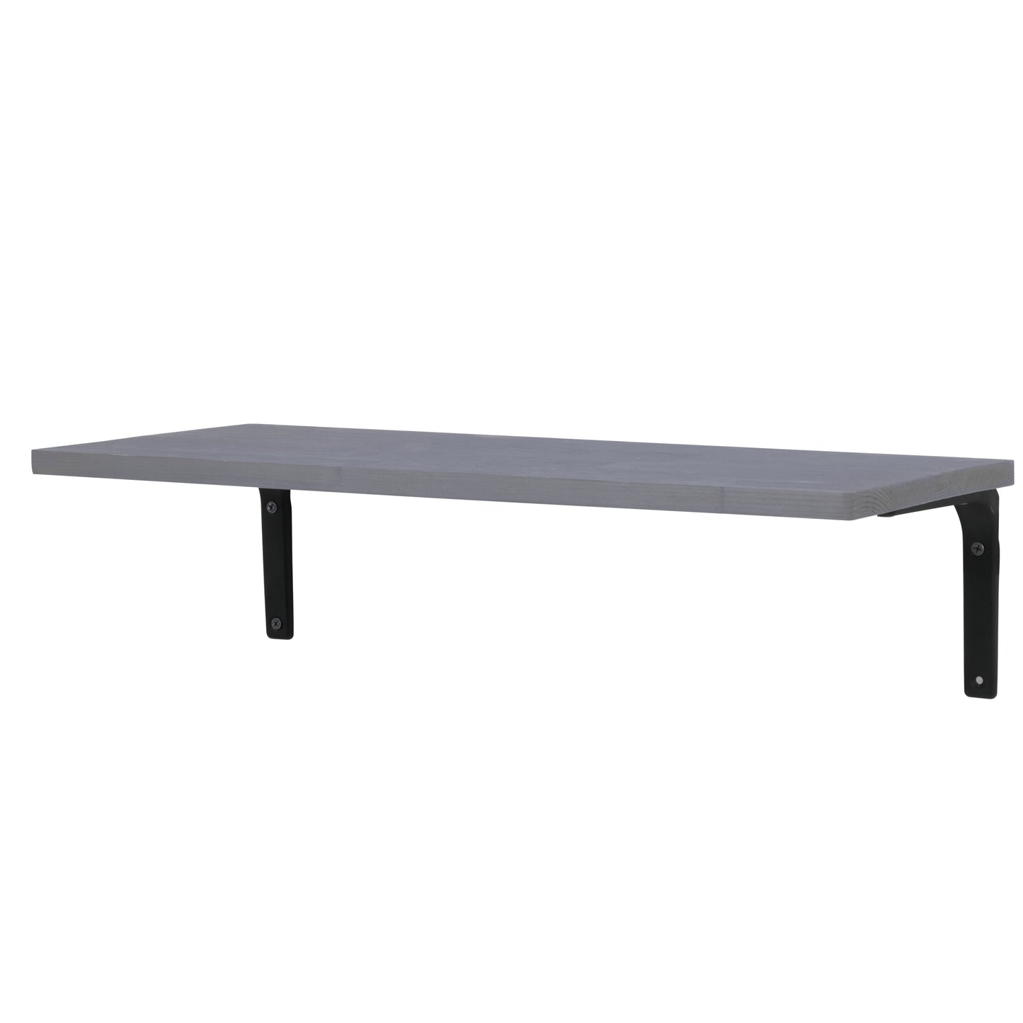 Gray wooden floating shelf with black metal brackets on a white background