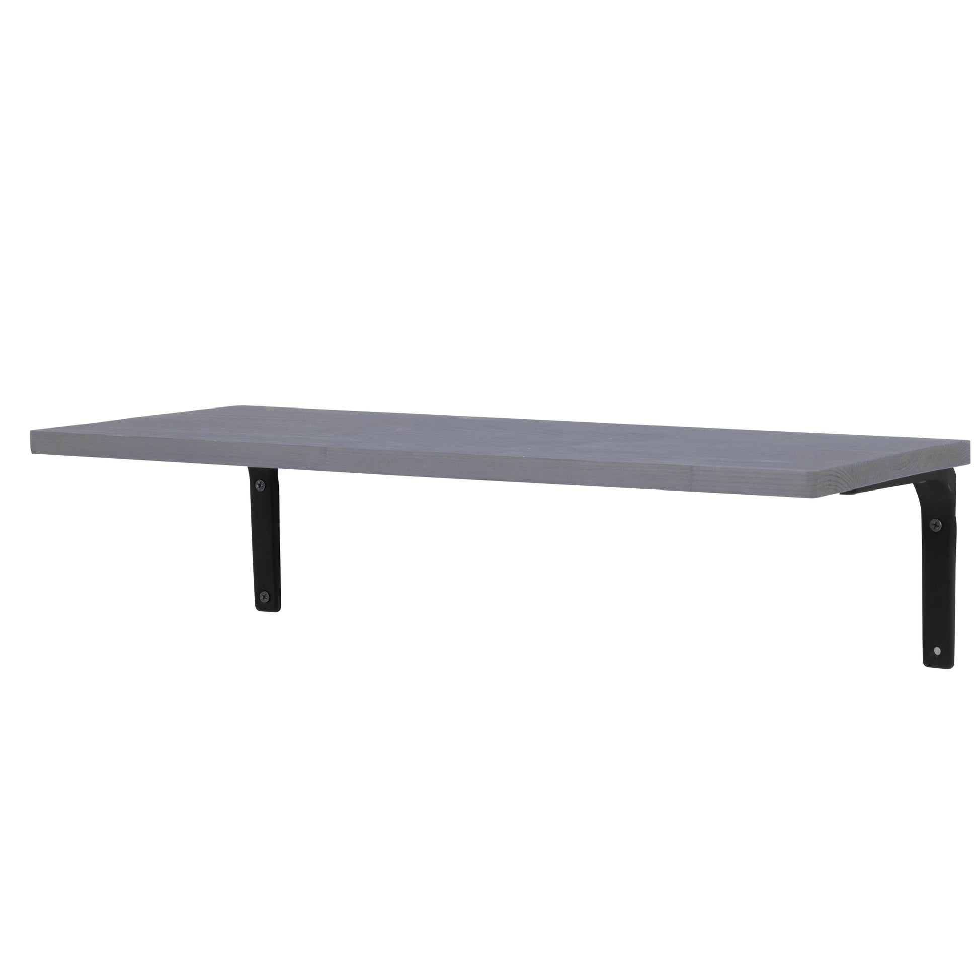 Gray wooden floating shelf with black metal brackets on a white background