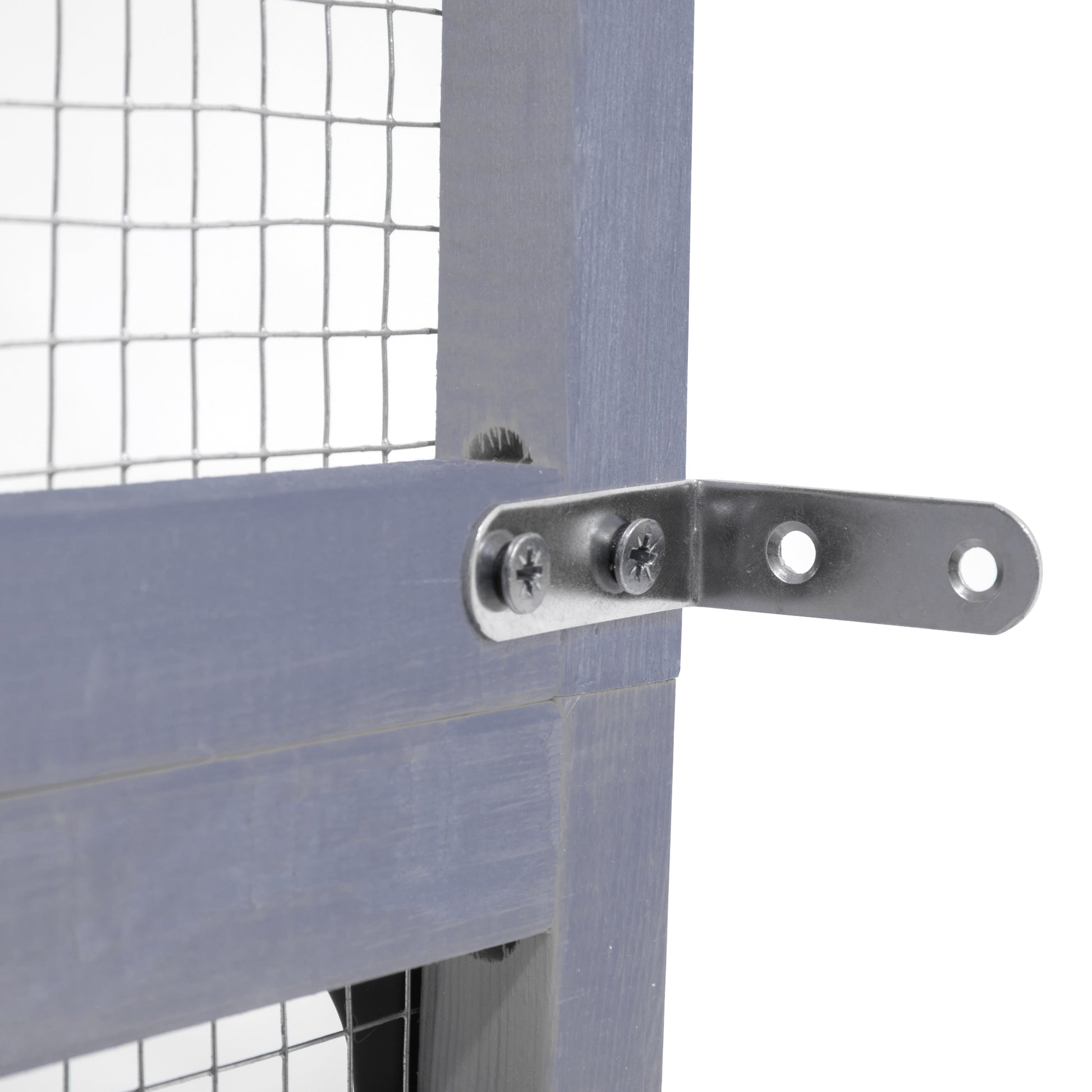 Gray wooden frame with wire mesh and Lbracket hardware